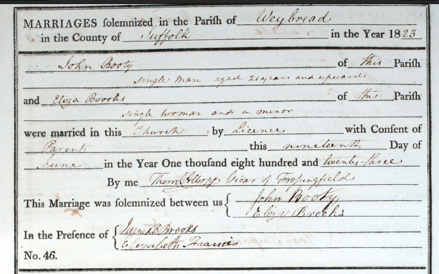 Copy of entry of marriage for John Booty and Eliza Brooks, from the parish register of The Parish Church in the parish of Weybread, Suffolk, 19 Jun 1823, Page 16, No 46