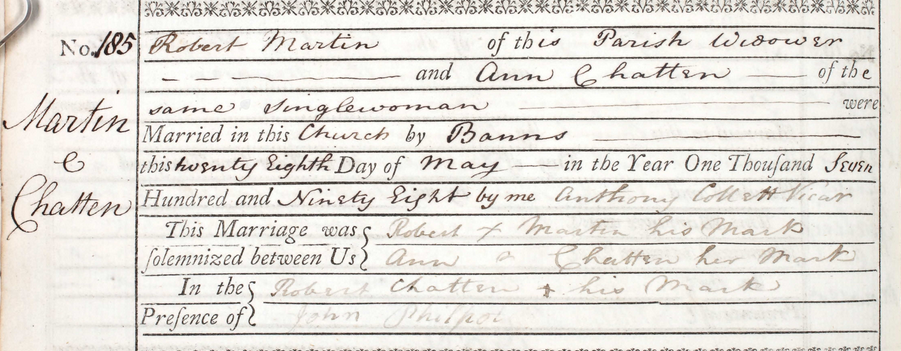 Copy of entry of marriage for Robert Martin and Ann Chatten, from the parish register of The Parish Church in the parish of Cratfield, Suffolk, 28 May 1798, Page 62, No 185